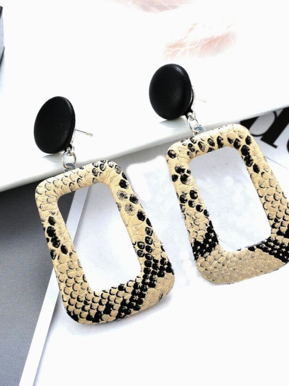 Briella Style Snake Skin Open Square Dangle Earrings Beige Black Gift Packaged